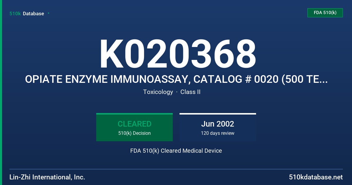 K020368 OPIATE ENZYME IMMUNOASSAY, CATALOG # 0020 (500 TESTS KIT) FDA 510(k) Cleared Medical Device