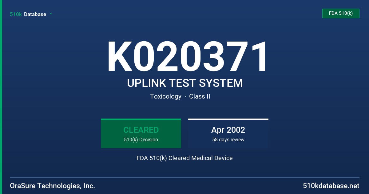 K020371 UPLINK TEST SYSTEM FDA 510(k) Cleared Medical Device