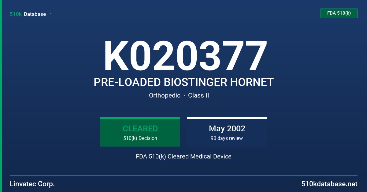 K020377 PRE-LOADED BIOSTINGER HORNET FDA 510(k) Cleared Medical Device