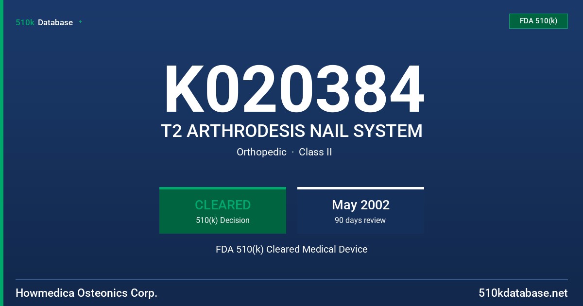 K020384 T2 ARTHRODESIS NAIL SYSTEM FDA 510(k) Cleared Medical Device