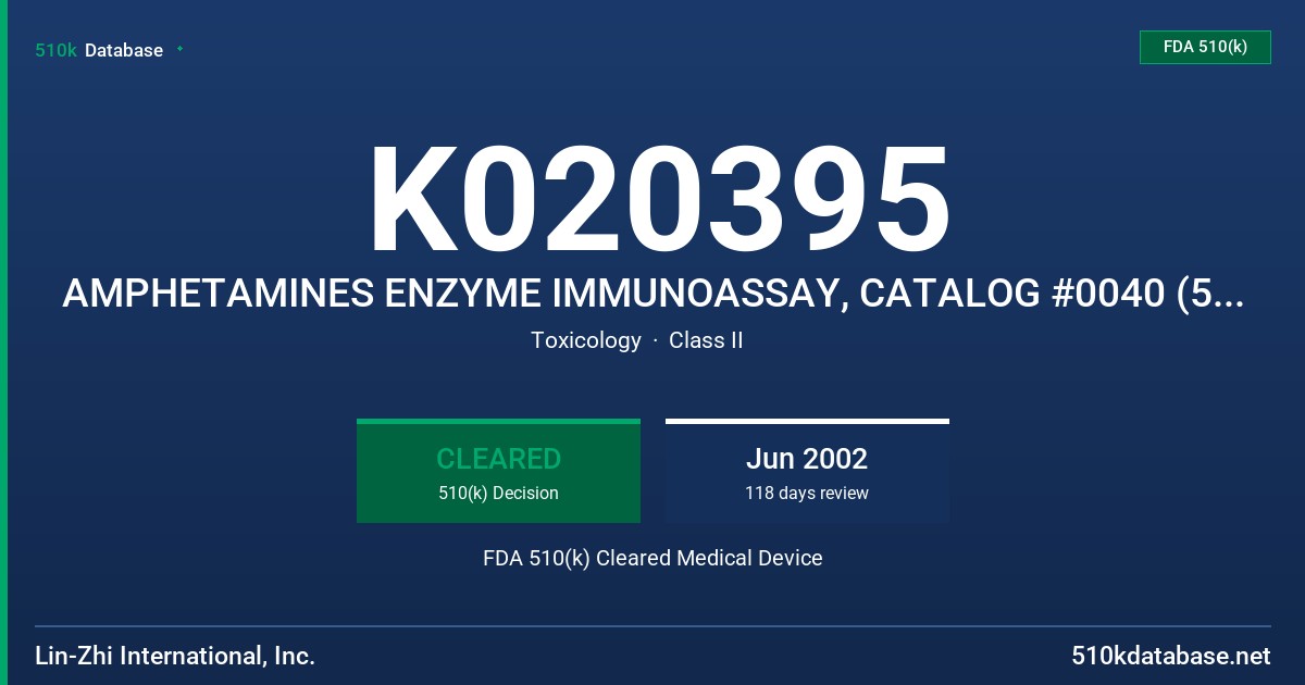 K020395 AMPHETAMINES ENZYME IMMUNOASSAY, CATALOG #0040 (500 TESTS KIT), CATALOG #0041 (5000 TESTS KIT) FDA 510(k) Cleared Medical Device