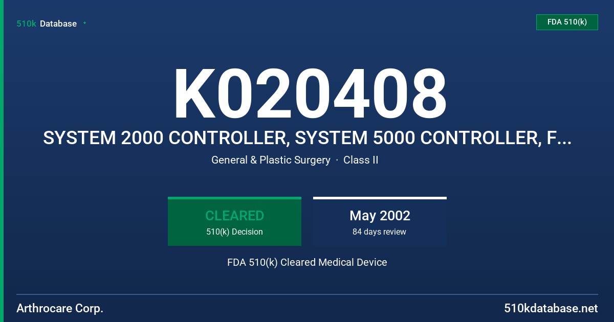 K020408 SYSTEM 2000 CONTROLLER, SYSTEM 5000 CONTROLLER, FOOTSWITCH, POWER CORD, AND VISAGE WANDSFF FDA 510(k) Cleared Medical Device