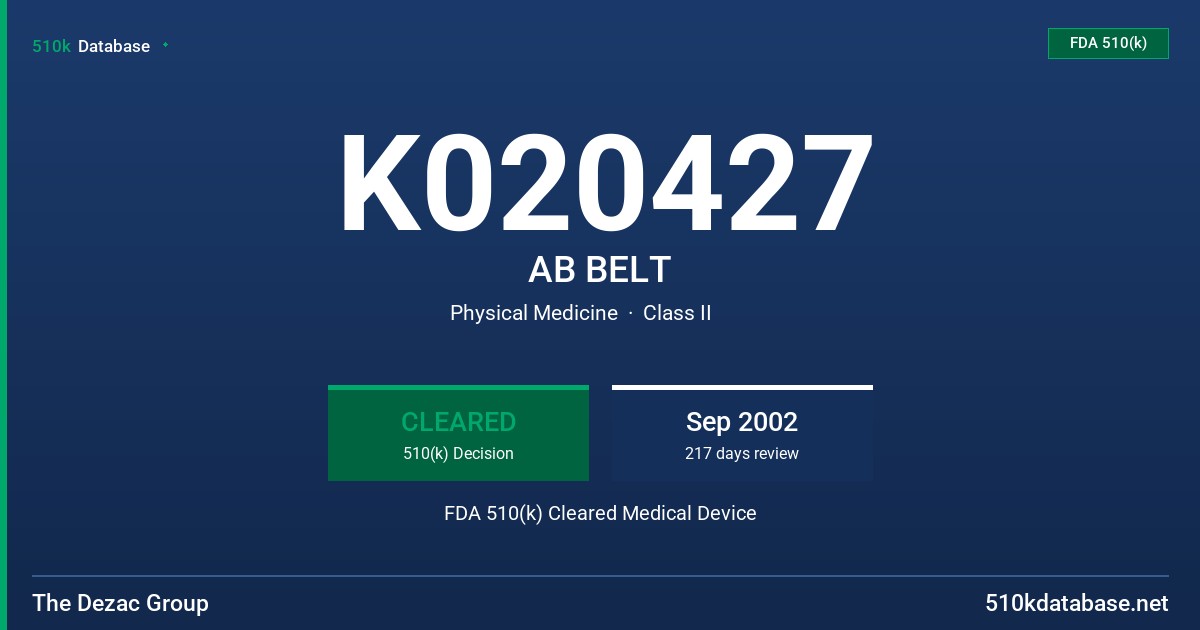 K020427 AB BELT FDA 510(k) Cleared Medical Device