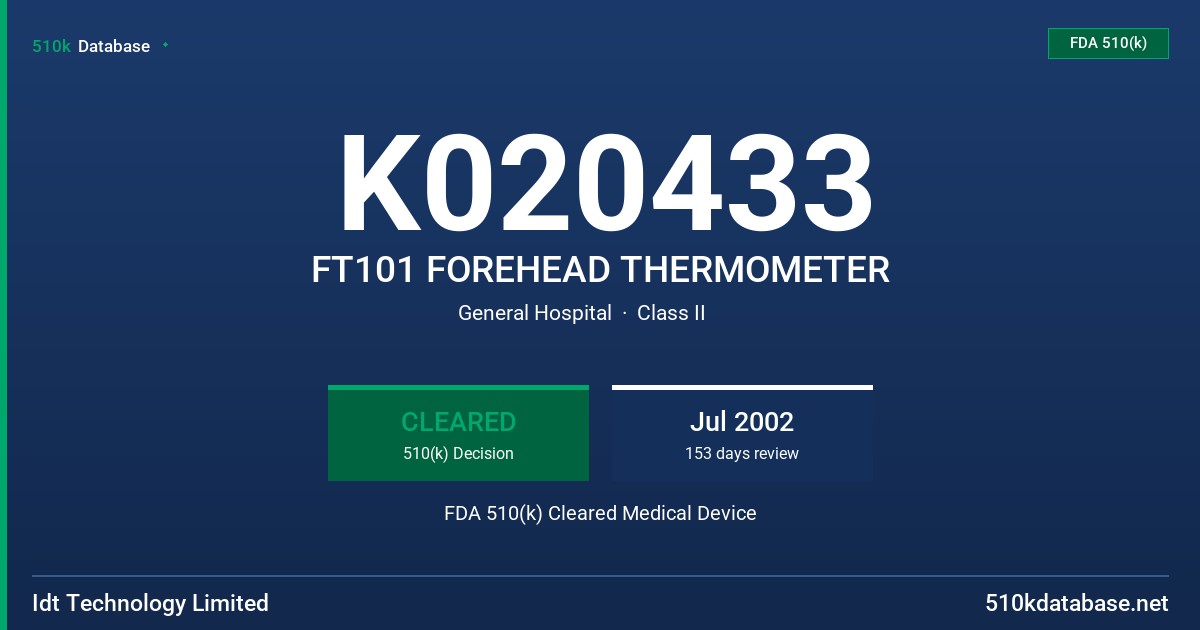 K020433 FT101 FOREHEAD THERMOMETER FDA 510(k) Cleared Medical Device