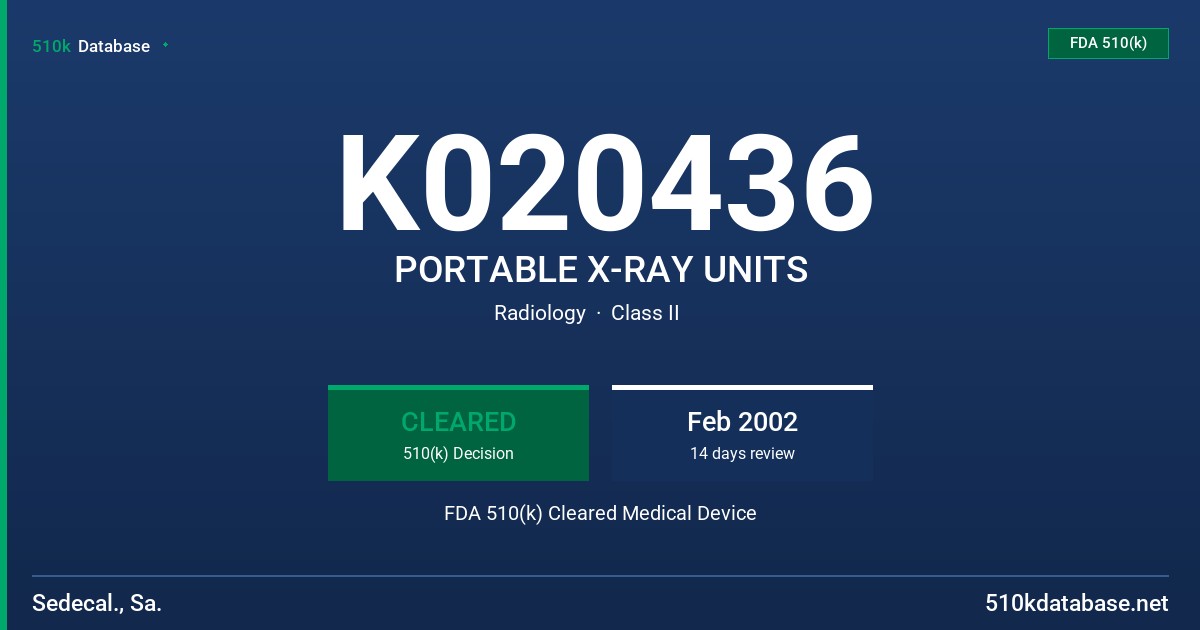 K020436 PORTABLE X-RAY UNITS FDA 510(k) Cleared Medical Device