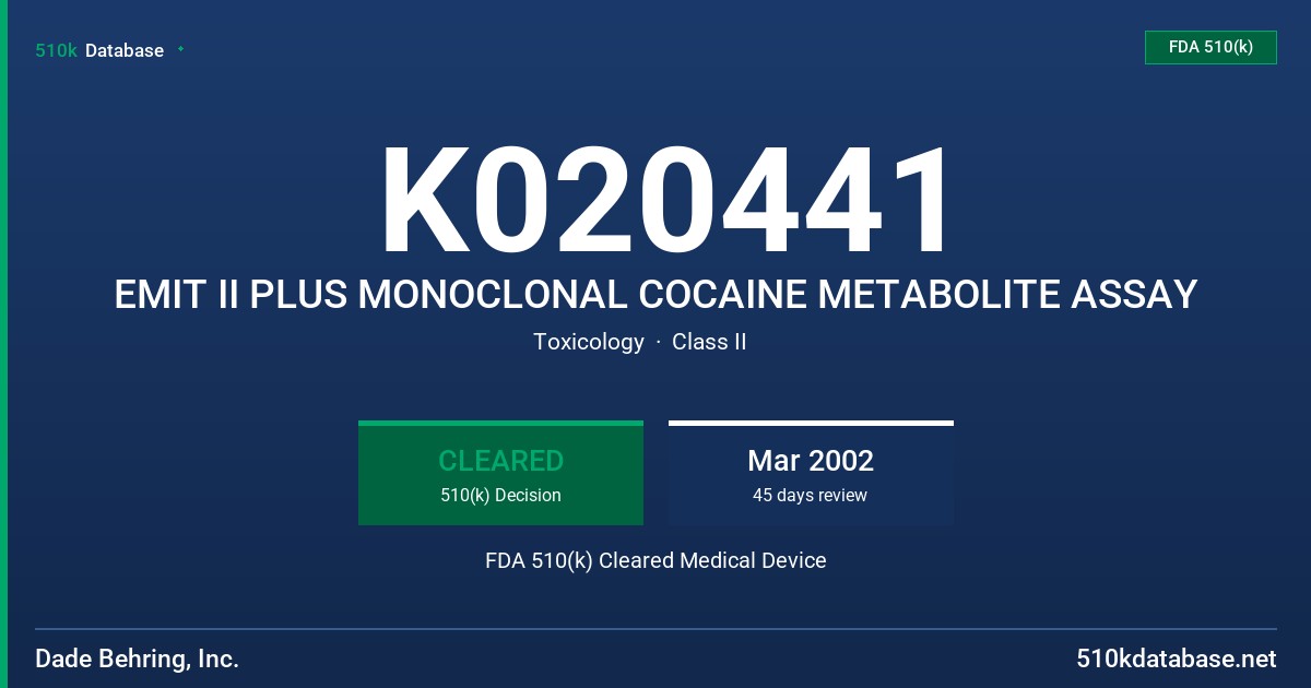 K020441 EMIT II PLUS MONOCLONAL COCAINE METABOLITE ASSAY FDA 510(k) Cleared Medical Device