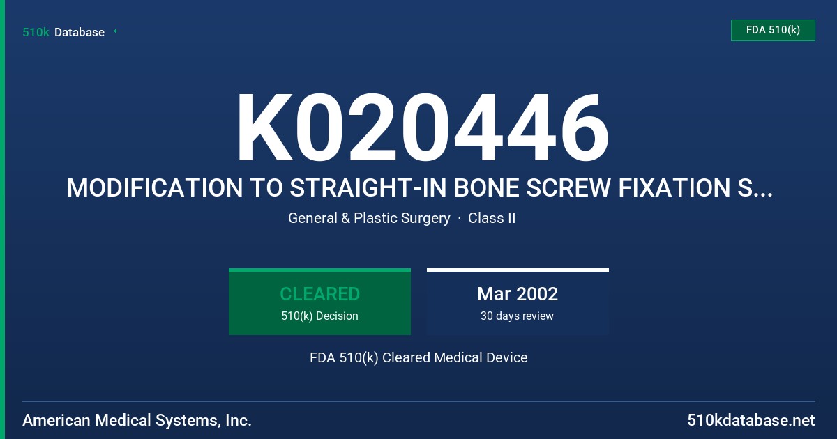 K020446 MODIFICATION TO STRAIGHT-IN BONE SCREW FIXATION SYSTEM FDA 510(k) Cleared Medical Device