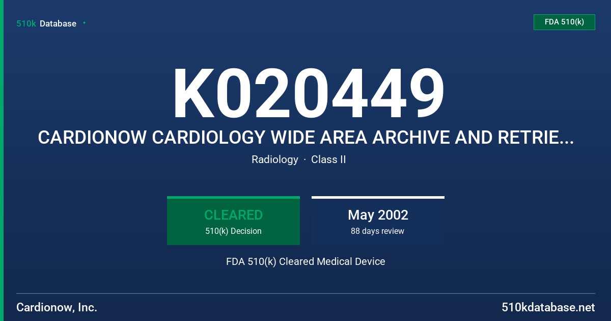 K020449 CARDIONOW CARDIOLOGY WIDE AREA ARCHIVE AND RETRIEVAL SYSTEM FDA 510(k) Cleared Medical Device