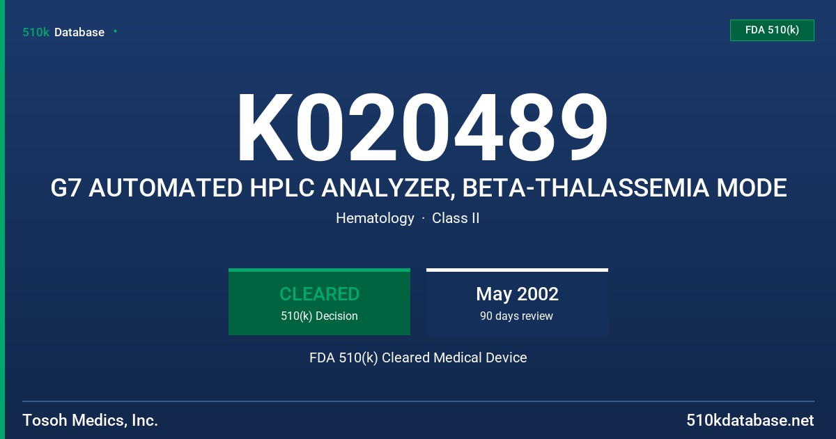 K020489 G7 AUTOMATED HPLC ANALYZER, BETA-THALASSEMIA MODE FDA 510(k) Cleared Medical Device