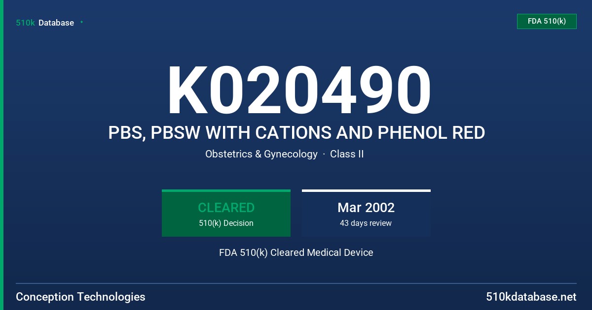 K020490 PBS, PBSW WITH CATIONS AND PHENOL RED FDA 510(k) Cleared Medical Device