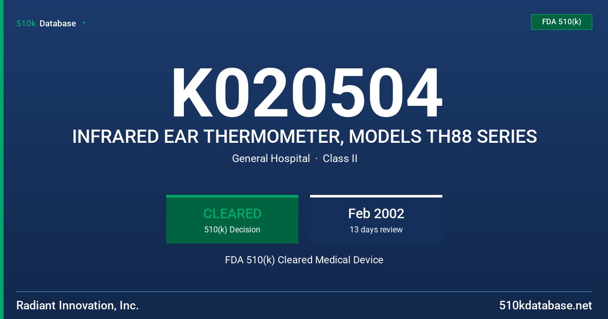 K020504 INFRARED EAR THERMOMETER, MODELS TH88 SERIES FDA 510(k) Cleared Medical Device