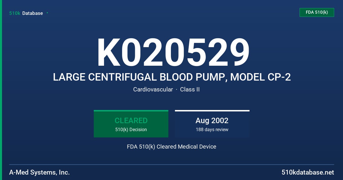 K020529 LARGE CENTRIFUGAL BLOOD PUMP, MODEL CP-2 FDA 510(k) Cleared Medical Device