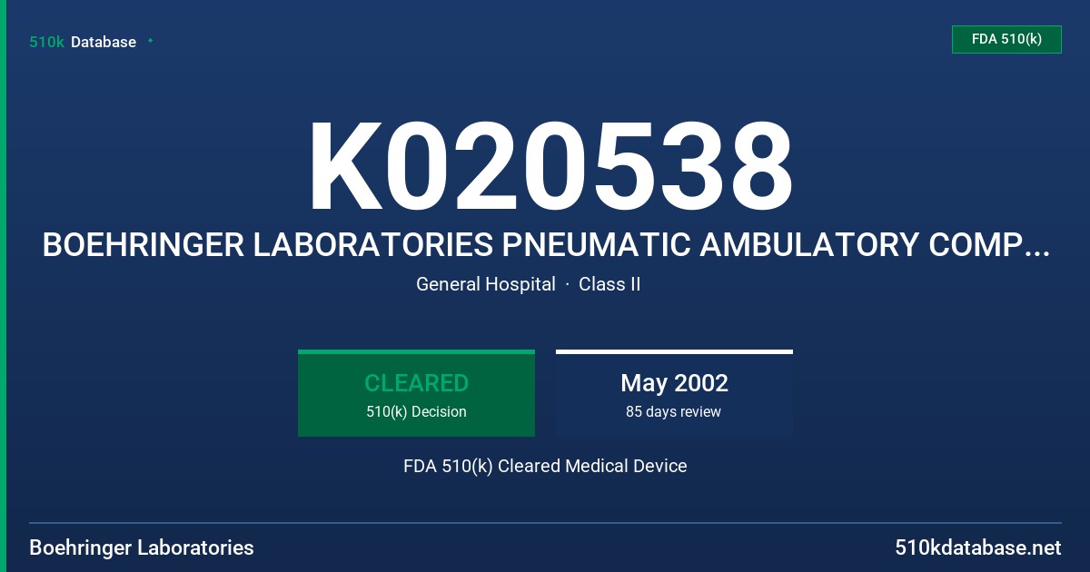 K020538 BOEHRINGER LABORATORIES PNEUMATIC AMBULATORY COMPRESSION SYSTEM 8200 SERIES FDA 510(k) Cleared Medical Device