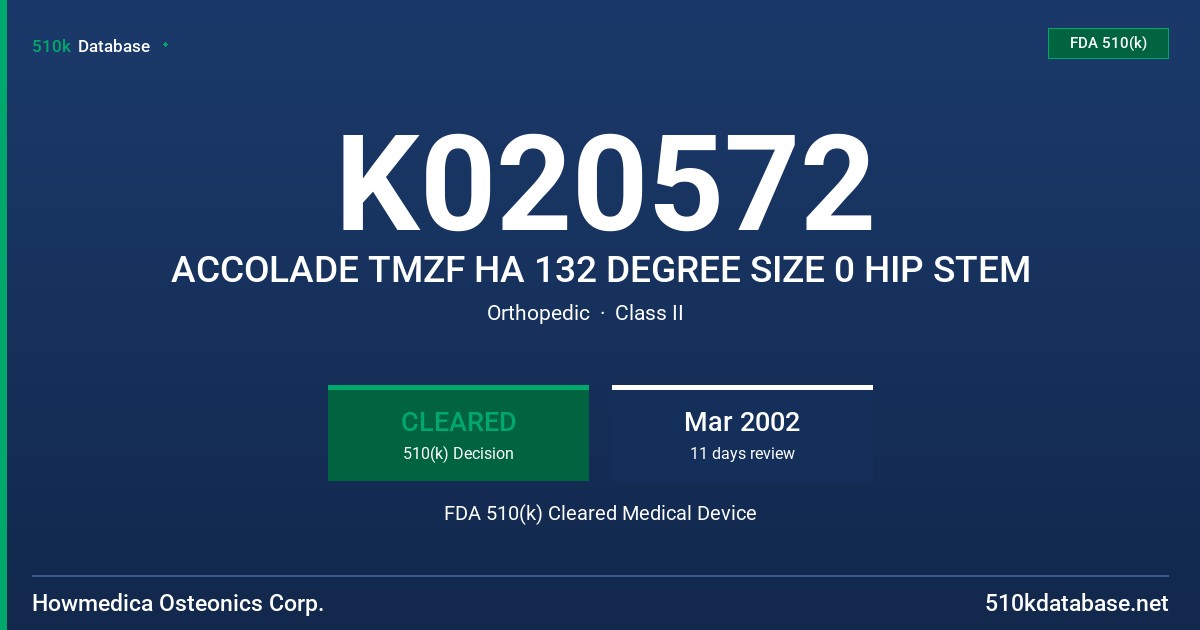 K020572 ACCOLADE TMZF HA 132 DEGREE SIZE 0 HIP STEM FDA 510(k) Cleared Medical Device