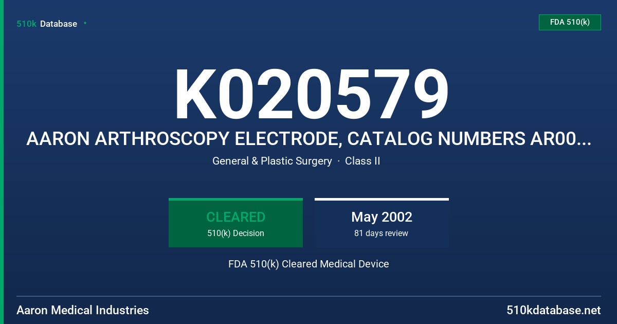 K020579 AARON ARTHROSCOPY ELECTRODE, CATALOG NUMBERS AR00, AR01, AR02, AND AR03 FDA 510(k) Cleared Medical Device