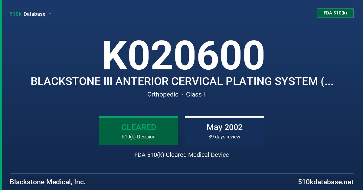 K020600 BLACKSTONE III ANTERIOR CERVICAL PLATING SYSTEM (PLATE WASHER) FDA 510(k) Cleared Medical Device