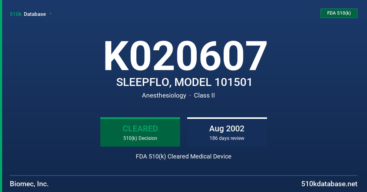 K020607 SLEEPFLO, MODEL 101501 FDA 510(k) Cleared Medical Device