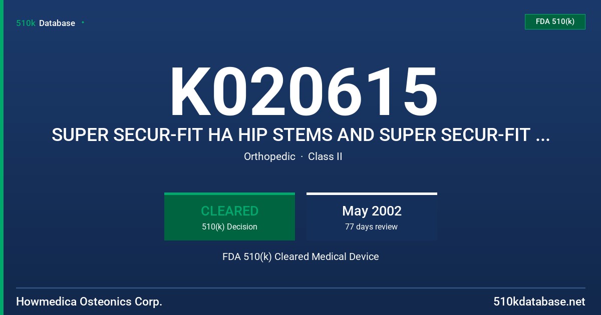 K020615 SUPER SECUR-FIT HA HIP STEMS AND SUPER SECUR-FIT PLUS HA HIP STEMS FDA 510(k) Cleared Medical Device
