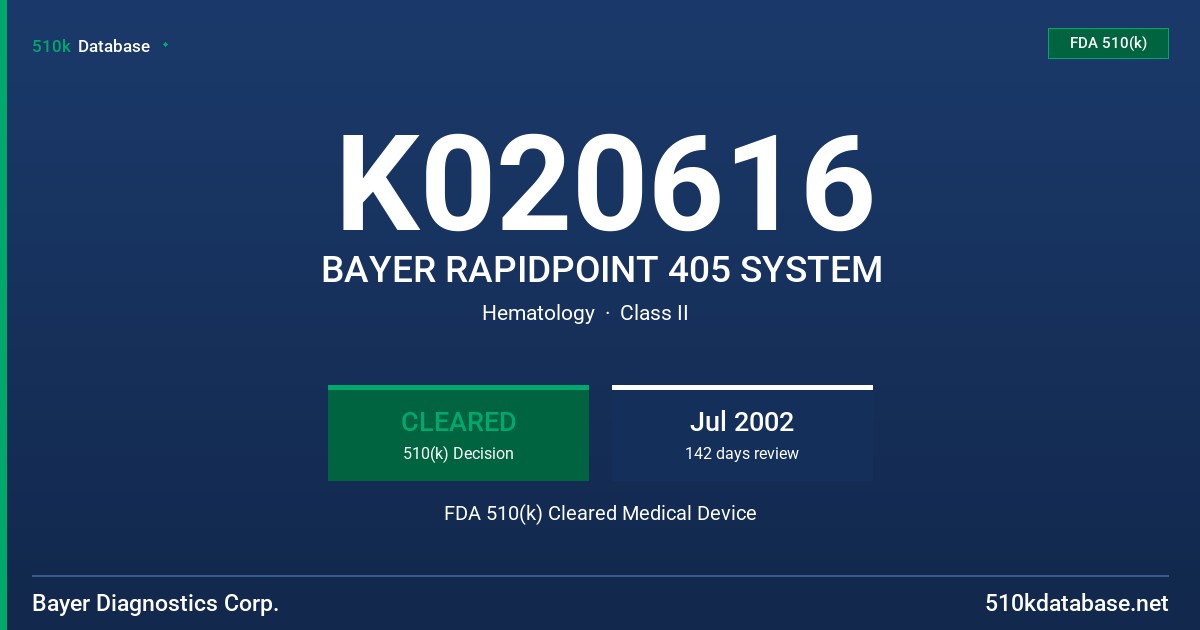 K020616 BAYER RAPIDPOINT 405 SYSTEM FDA 510(k) Cleared Medical Device
