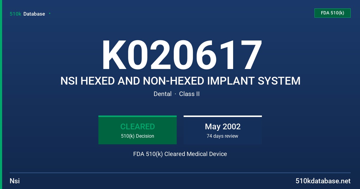 K020617 NSI HEXED AND NON-HEXED IMPLANT SYSTEM FDA 510(k) Cleared Medical Device