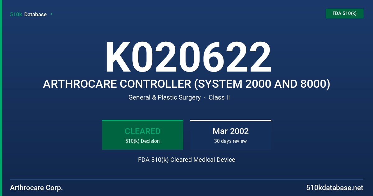 K020622 ARTHROCARE CONTROLLER (SYSTEM 2000 AND 8000) FDA 510(k) Cleared Medical Device