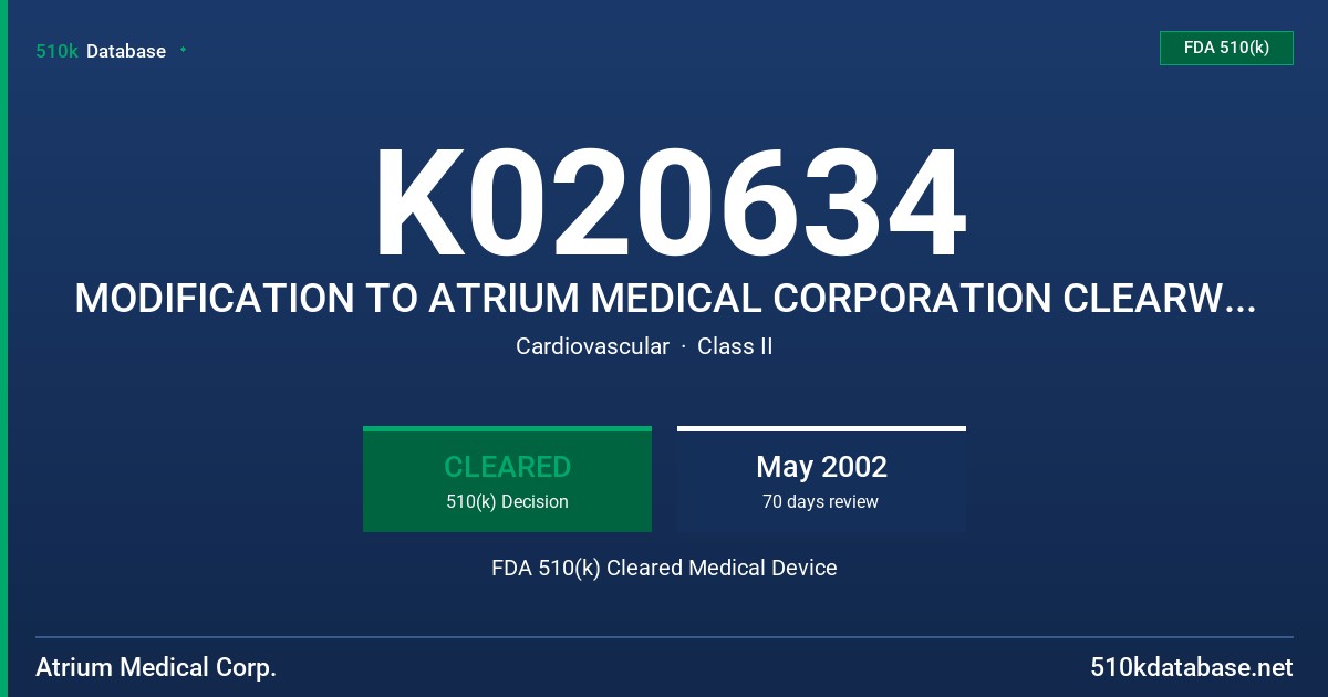 K020634 MODIFICATION TO ATRIUM MEDICAL CORPORATION CLEARWAY PTFE BALLOON CATHETER FDA 510(k) Cleared Medical Device