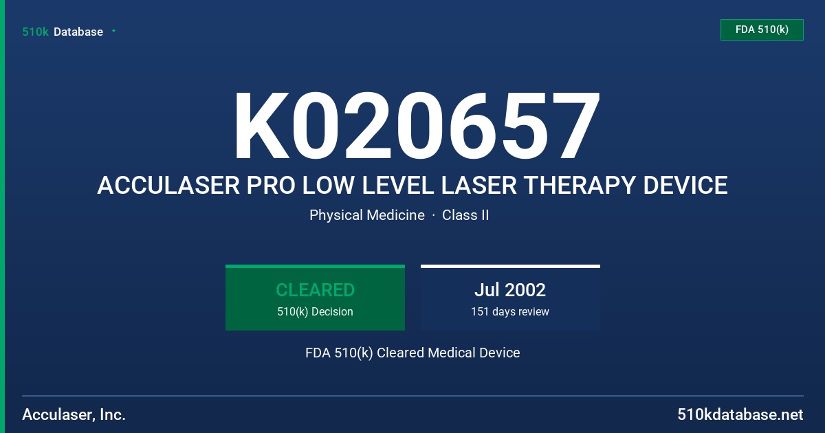 K020657 ACCULASER PRO LOW LEVEL LASER THERAPY DEVICE FDA 510(k) Cleared Medical Device