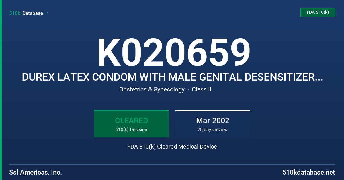 K020659 DUREX LATEX CONDOM WITH MALE GENITAL DESENSITIZER LUBRICANT FDA 510(k) Cleared Medical Device