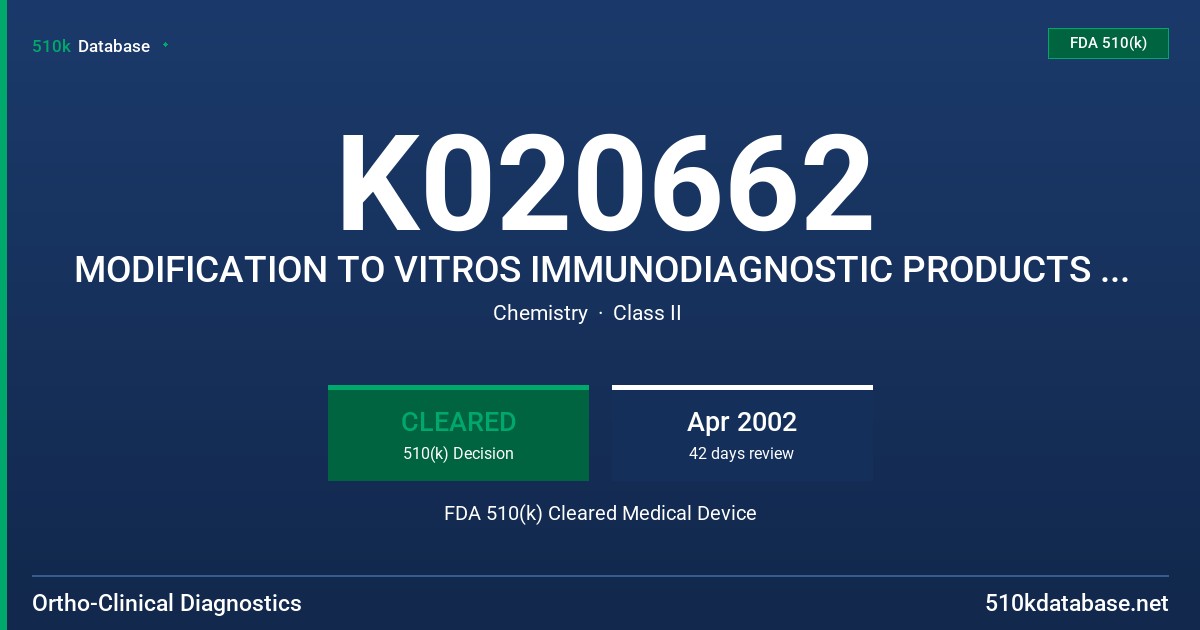 K020662 MODIFICATION TO VITROS IMMUNODIAGNOSTIC PRODUCTS TROPONIN I REAGENT PACK/ CALIBRATORS FDA 510(k) Cleared Medical Device