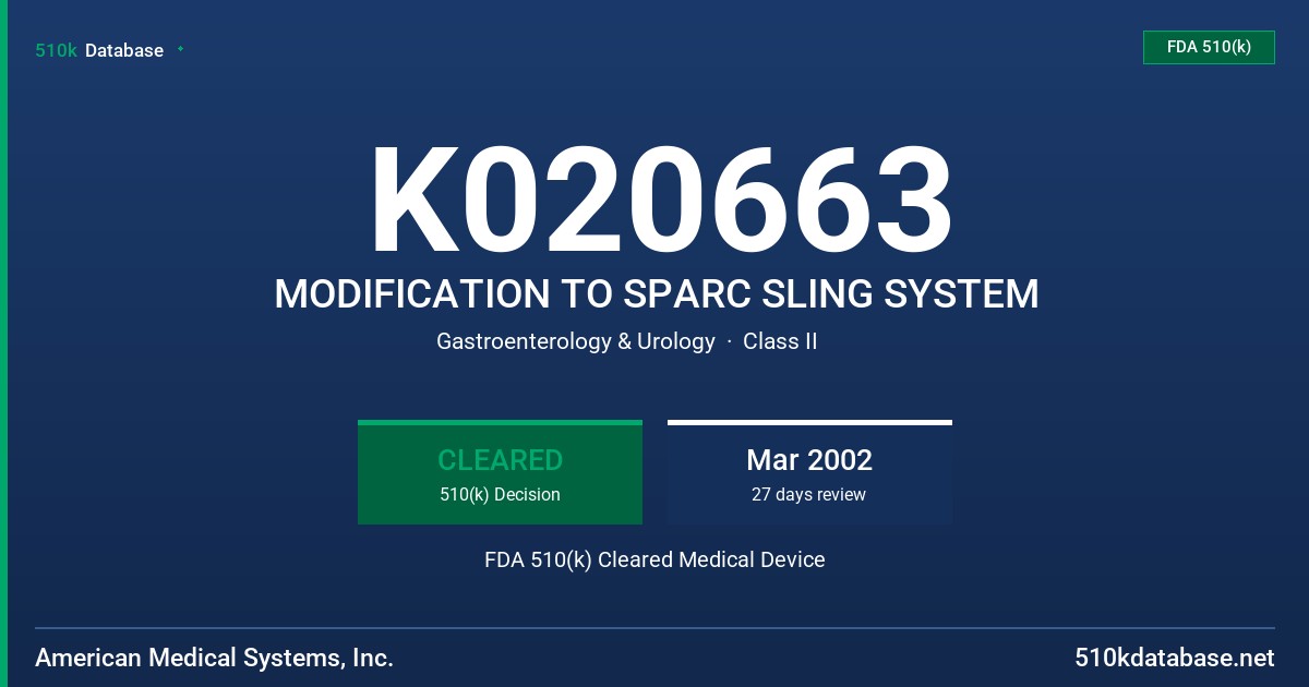 K020663 MODIFICATION TO SPARC SLING SYSTEM FDA 510(k) Cleared Medical Device