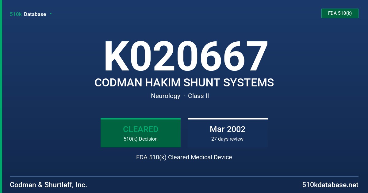 K020667 CODMAN HAKIM SHUNT SYSTEMS FDA 510(k) Cleared Medical Device