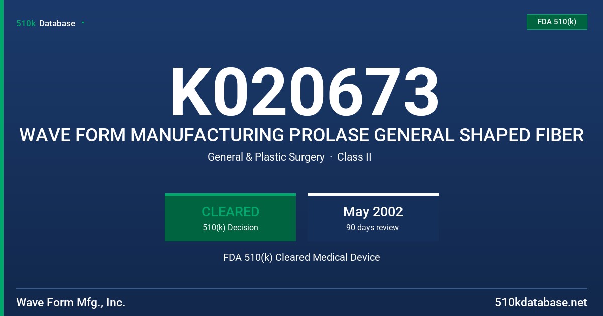 K020673 WAVE FORM MANUFACTURING PROLASE GENERAL SHAPED FIBER FDA 510(k) Cleared Medical Device