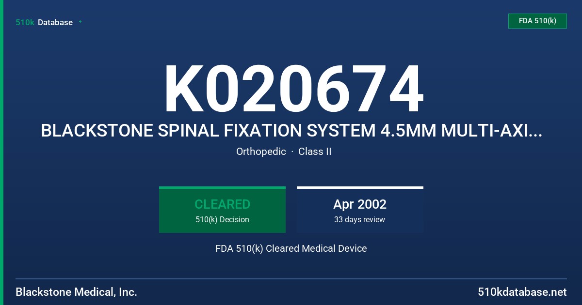 K020674 BLACKSTONE SPINAL FIXATION SYSTEM 4.5MM MULTI-AXIAL SCREW FDA 510(k) Cleared Medical Device