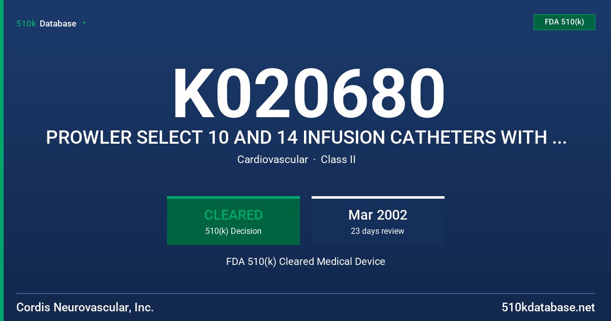 K020680 PROWLER SELECT 10 AND 14 INFUSION CATHETERS WITH AND WITHOUT PRE-SHAPED TIPS FDA 510(k) Cleared Medical Device