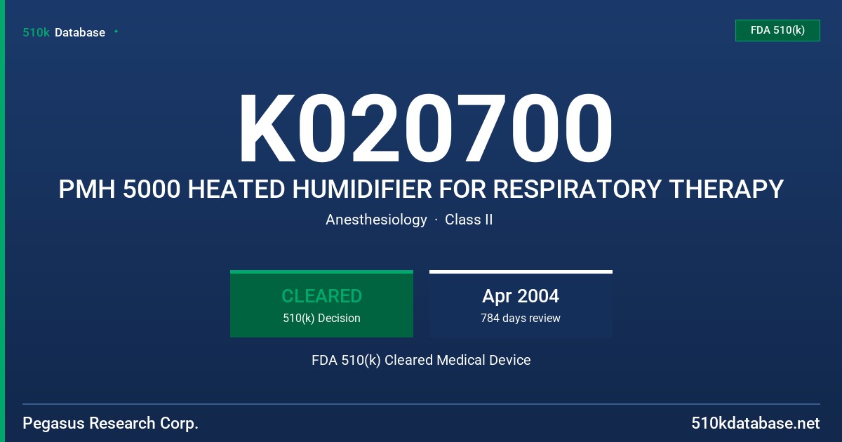 K020700 PMH 5000 HEATED HUMIDIFIER FOR RESPIRATORY THERAPY FDA 510(k) Cleared Medical Device