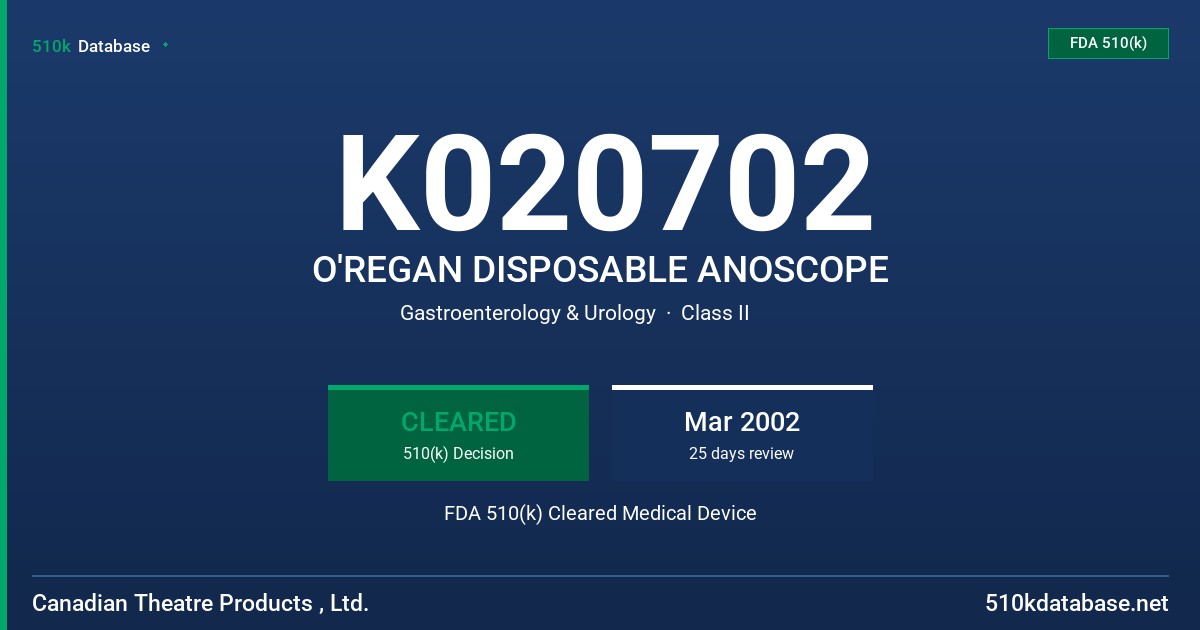 K020702 O'REGAN DISPOSABLE ANOSCOPE FDA 510(k) Cleared Medical Device