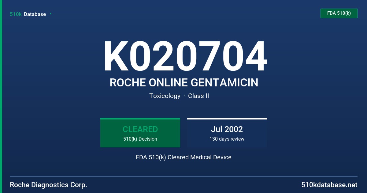 K020704 ROCHE ONLINE GENTAMICIN FDA 510(k) Cleared Medical Device