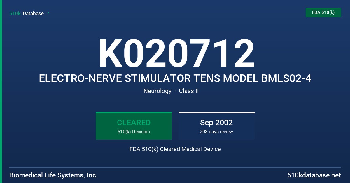 K020712 ELECTRO-NERVE STIMULATOR TENS MODEL BMLS02-4 FDA 510(k) Cleared Medical Device