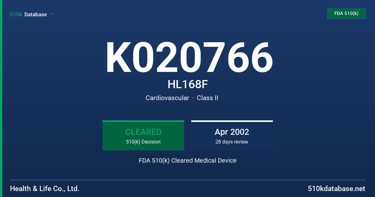 K020766 HL168F FDA 510(k) Cleared Medical Device