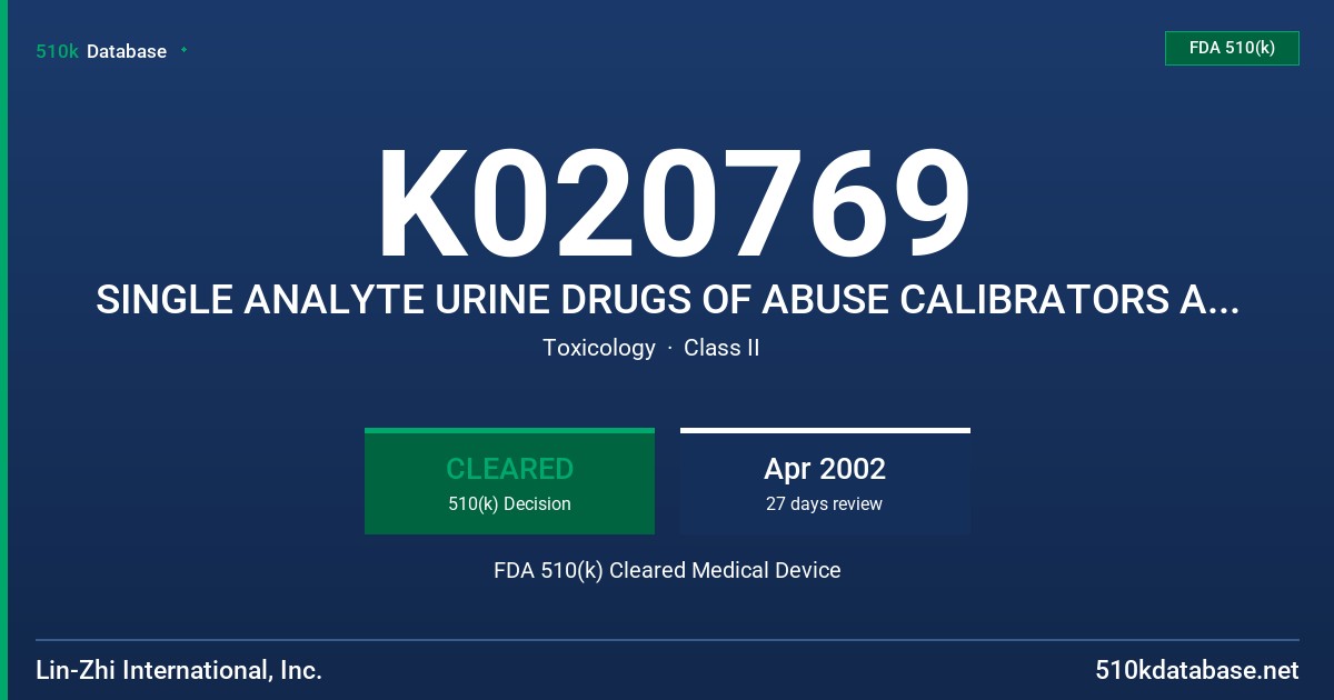 K020769 SINGLE ANALYTE URINE DRUGS OF ABUSE CALIBRATORS AND CONTROLS FDA 510(k) Cleared Medical Device