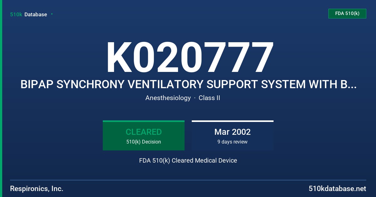 K020777 BIPAP SYNCHRONY VENTILATORY SUPPORT SYSTEM WITH BI-FLEX FDA 510(k) Cleared Medical Device