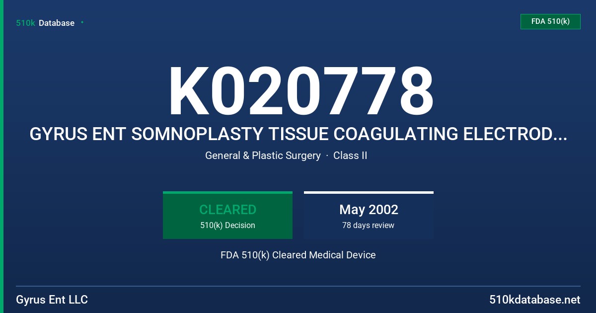K020778 GYRUS ENT SOMNOPLASTY TISSUE COAGULATING ELECTRODE, MODEL 2420 FDA 510(k) Cleared Medical Device
