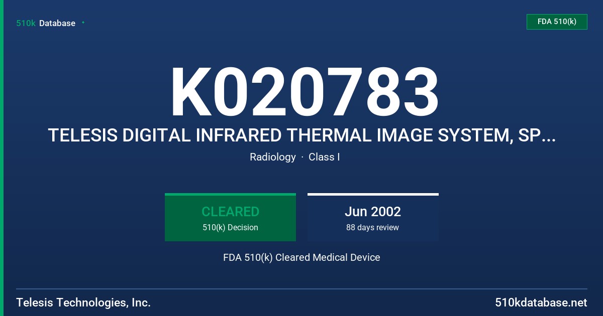 K020783 TELESIS DIGITAL INFRARED THERMAL IMAGE SYSTEM, SPECTRUM 9000MB FDA 510(k) Cleared Medical Device