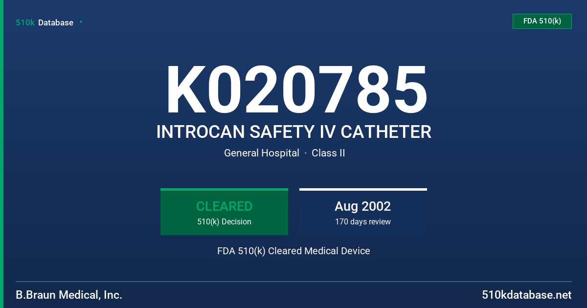 K020785 INTROCAN SAFETY IV CATHETER FDA 510(k) Cleared Medical Device