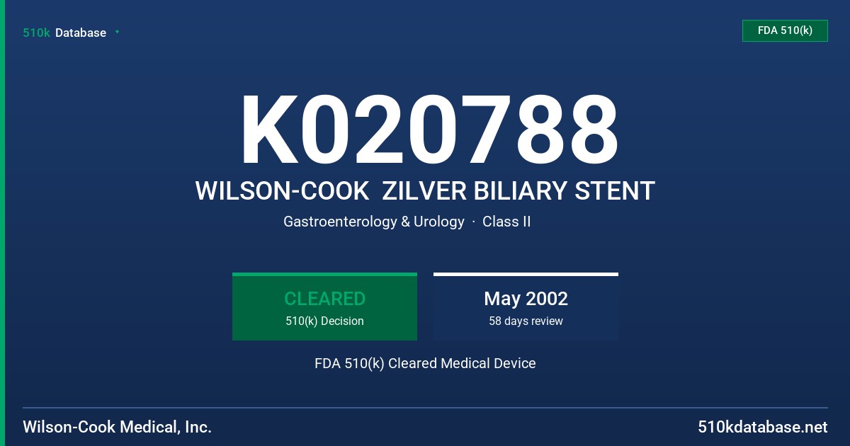 K020788 WILSON-COOK  ZILVER BILIARY STENT FDA 510(k) Cleared Medical Device