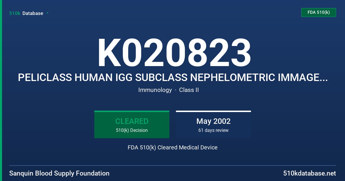 K020823 PELICLASS HUMAN IGG SUBCLASS NEPHELOMETRIC IMMAGE KIT FDA 510(k) Cleared Medical Device