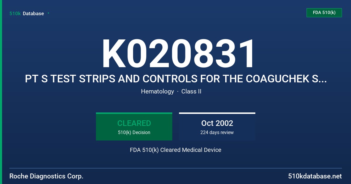 K020831 PT S TEST STRIPS AND CONTROLS FOR THE COAGUCHEK S SYSTEM, MODELS 2032422 AND 3271404 FDA 510(k) Cleared Medical Device