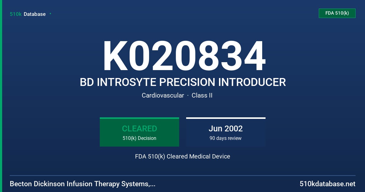 K020834 BD INTROSYTE PRECISION INTRODUCER FDA 510(k) Cleared Medical Device