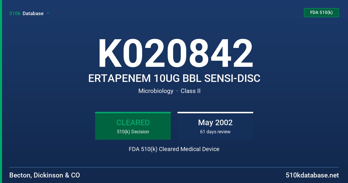 K020842 ERTAPENEM 10UG BBL SENSI-DISC FDA 510(k) Cleared Medical Device