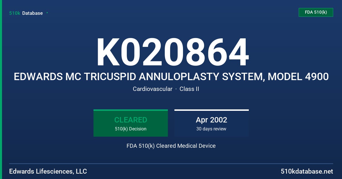 K020864 EDWARDS MC TRICUSPID ANNULOPLASTY SYSTEM, MODEL 4900 FDA 510(k) Cleared Medical Device